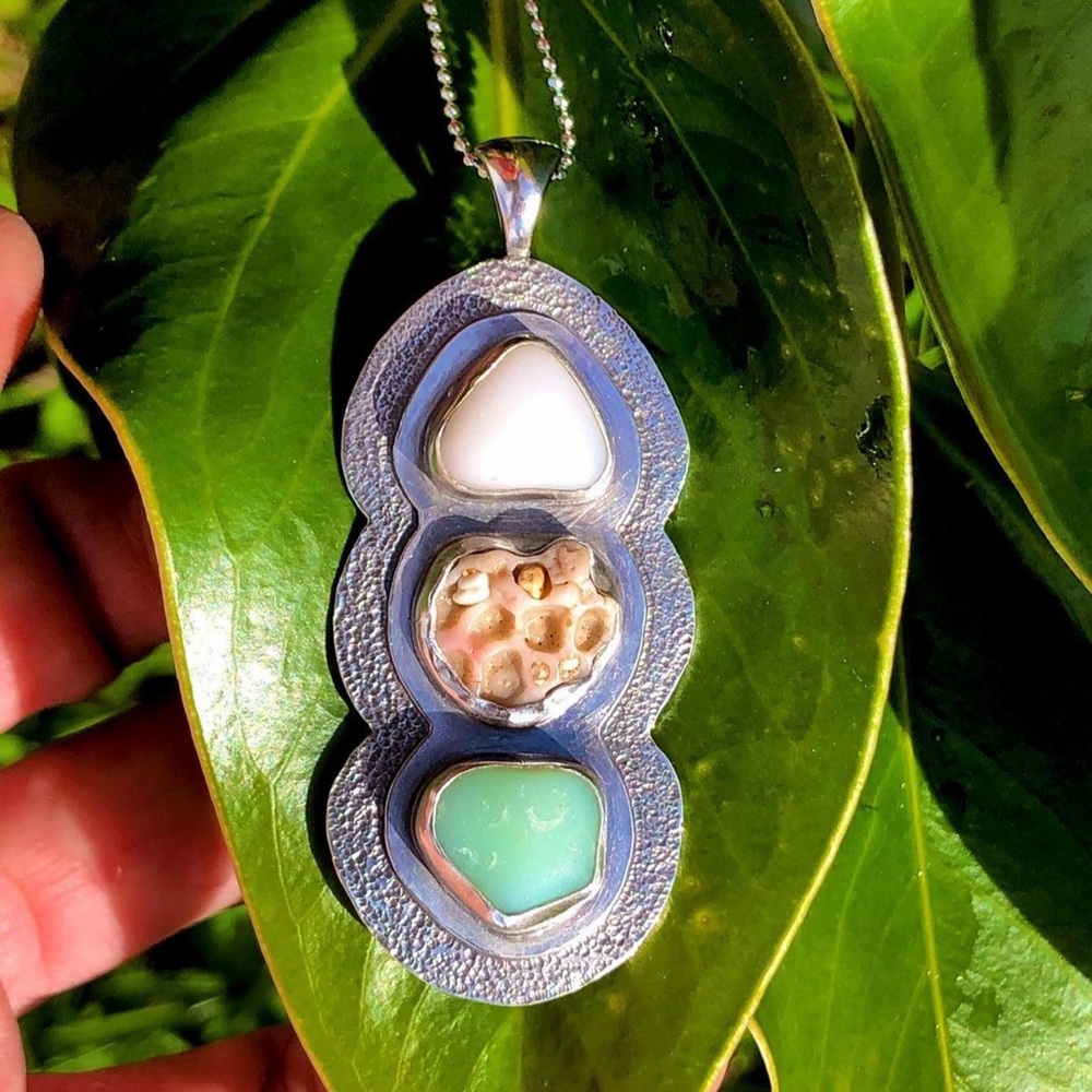 OOAK Artisan Malleo Designs Sterling Silver Sea Glass and Coral Pendant